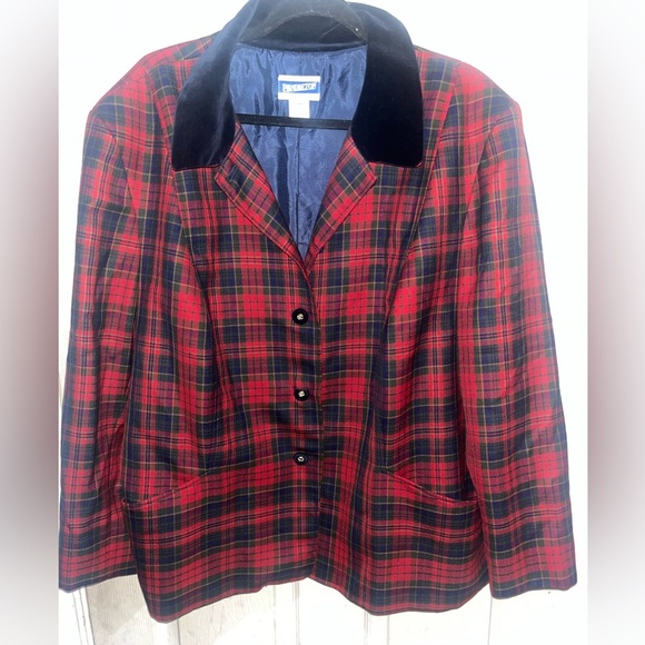 Vintage Pendleton Red Blue Tartan Plaid Wool Blazer Velvet Collar Sz 24W - Picture 1 of 4